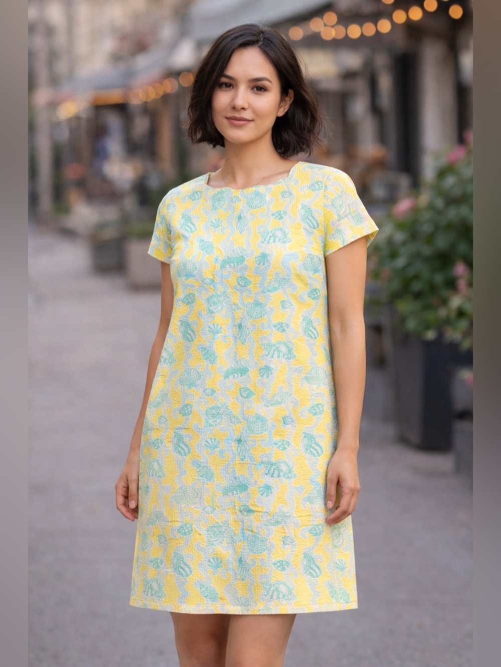 Lilly Pulitzer Yellow and Aqua Shell-Print Dress